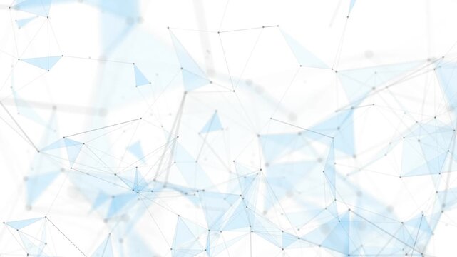 Digital abstract network structure with interconnected points and lines, featuring subtle translucent blue triangular polygons against a bright white backdrop symbolizing data flow and connectivity