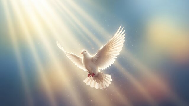 A white dove with wings spread against a blue sky with sunbeams.