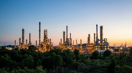 Obraz premium Panoramic view of an illuminated industrial complex at twilight, showcasing energy production