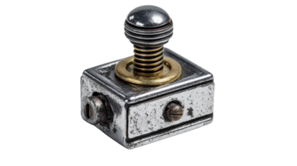 Vintage industrial push button switch component with metal casing and spring, isolated on transparent background