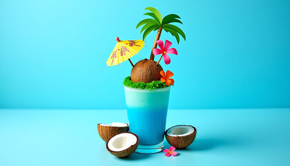 Tropical Coconut Cocktail with Palm Tree on Blue Background
