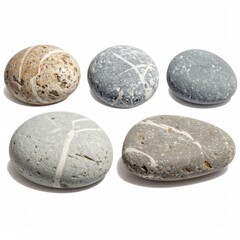 Five smooth, colorful stones against a white backdrop