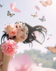 蝶が舞う自然の中で花の髪飾りをした女性が微笑む