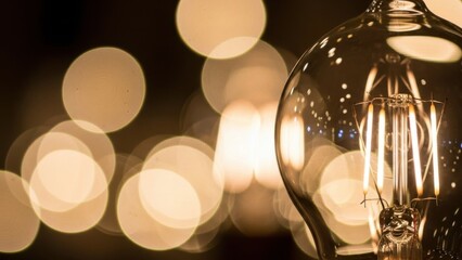 Warm incandescent glow emanating from a classic filament bulb amidst soft golden bokeh circles,