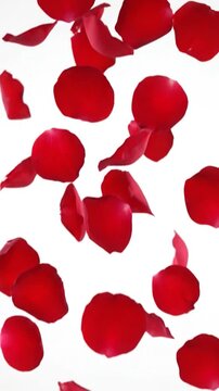 A shower of red rose petals gently falls against a crisp white background