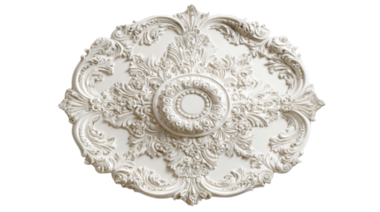 Ornate white stucco ceiling medallion with baroque ornament, classical plaster molding decoration, isolated on transparent background