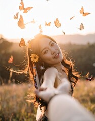 蝶が舞う自然の中で花の髪飾りをした女性が手を繋ぎ微笑む