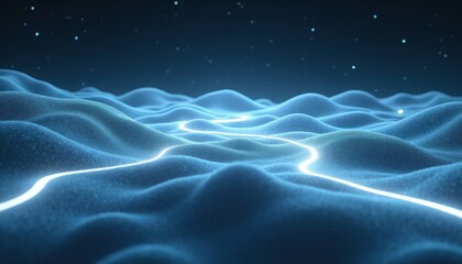 Abstract Futuristic Landscape with Glowing Blue Energy Pathways Flowing Through Crystalline Snowy Hills Under a Starry Night Sky