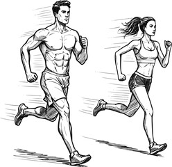 Running man and woman, isolated vector silhouettes. Run, side view. Pencil sketches of athletic looking male and female runners running. Transparent background EPS version.