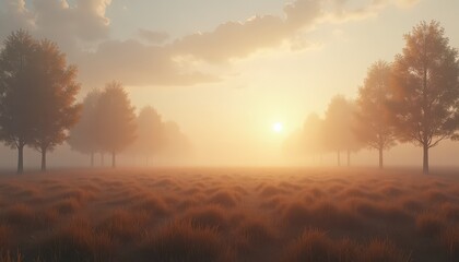 Golden Hour Sunrise Over Misty Field Lined With Autumn Trees Casting Long Shadows With Warm Sunlight Rays Through Haze Creating A Serene and Tranquil