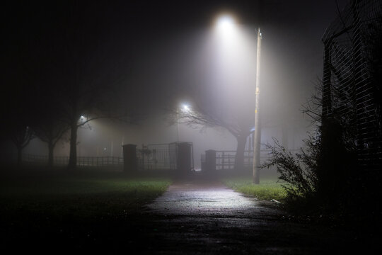 Path in a park on a foggy night