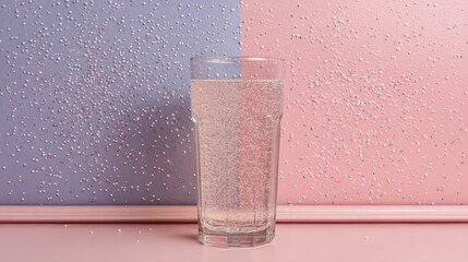 Glass of sparkling water against a dual tone backdrop of pink and purple