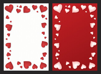 Set of 3d heart balloons floated as a rectangular vertical frame on white and red bond paper texture background