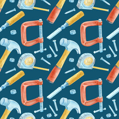 A seamless c on a blue background: a screwdriver, a wrench, nails, and a clamp. Garage tools pattern pack. Woodworking only set. Men is birthday wrapping paper.