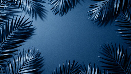 Dark blue tropical palm leaves arranged in a circular frame on a solid background