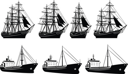 Black silhouette set of vintage sailing ships and modern cargo vessels isolated on white, maritime transport collection, cad drawing flat vector illustration © MstShahanaz