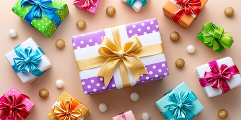 Colorful Gift Boxes with Ribbons in a Flat Lay Arrangement for Shopping Concept