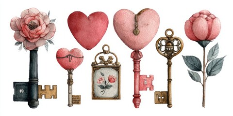 Vintage Watercolor Illustration of Romantic Objects Including Keys and Flowers