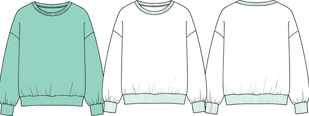 Women oversized crewneck sweatshirt technical cad drawing flat vector illustration, front and back view, mint green fleece apparel design template © MstShahanaz