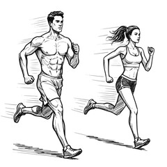 Running man and woman, isolated vector silhouettes. Run, side view. Pencil sketches of athletic looking male and female runners running. Transparent background SVG version.