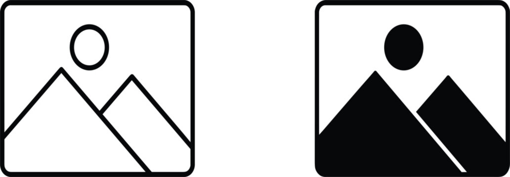 Set of linear and solid mountain landscape icons for image galleries, photography portfolios, and picture placeholders