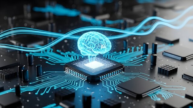 Futuristic artificial intelligence concept, ultra-detailed 3D rendering of a glowing holographic AI brain emerging from a microchip on an advanced electronic circuit board, neon blue. - Powered by Adobe