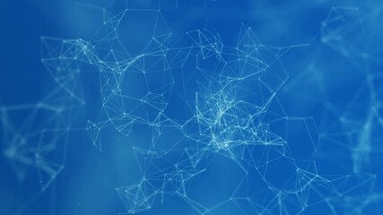 Deep blue abstract network of glowing white dots and connecting lines forming a complex geometric structure with a soft bokeh blur effect in the background - Powered by Adobe