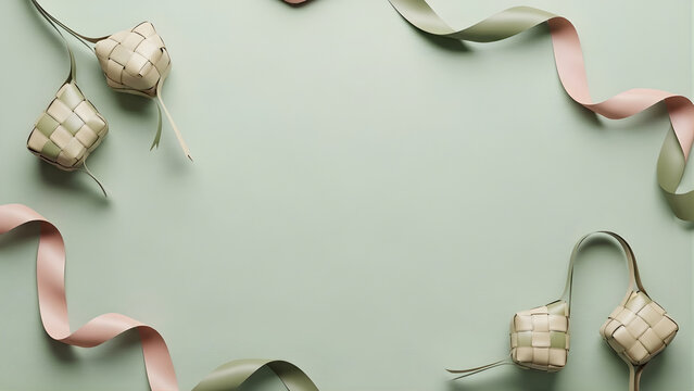 Festive woven ketupat and elegant ribbons create a delightful frame on mint green.