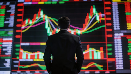 Focused confident businessman analyzing financial growth digital screen with AI driven investment data for future success stock market trading