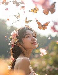 蝶が舞う自然の中で花の髪飾りをした女性が微笑む