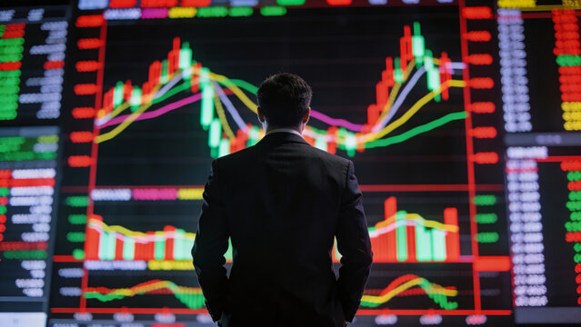 Focused confident businessman analyzing financial growth digital screen with AI driven investment data for future success stock market trading - Powered by Adobe