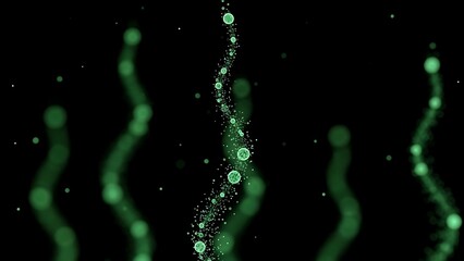 Abstract glowing green particles flowing in dark space microscopic view.