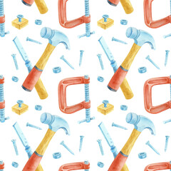 A seamless c on a white background: a screwdriver, a wrench, nails, and a clamp. Garage tools pattern pack. Woodworking only set. Men is birthday wrapping paper.