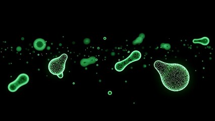 Vibrant green microscopic organisms illuminating in a dark void background.