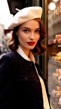 Elegant woman in beret and jacket browsing pastries in Paris