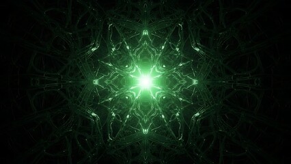 Intense green light pulsing through dark, intricate fractal network.