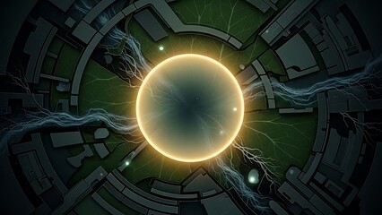 Futuristic energy core pulsating within a complex technological network.