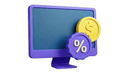 3D Render of Computer with Dollar Coin and Percentage Symbol