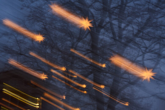 Twinkling lights in a winter evening scene