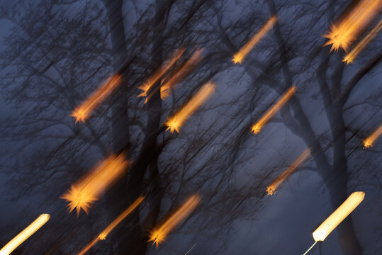 Twinkling lights in a winter evening scene