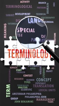 Terminology under magnifying glass, being researched, studied and examined. Most important subjects and ideas related to terminology written around a puzzle to symbolize complexity of terminology.