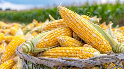 Freshly harvested maize ears in cornfield basket
