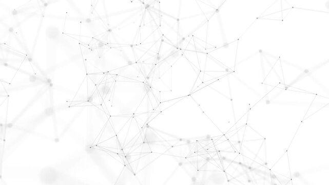 Abstract network of interconnected white dots and thin grey lines forming a complex geometric structure against a bright white background with soft bokeh blur effect