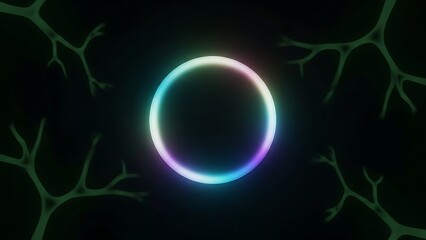 Vibrant neon ring glowing in dark with abstract organic structures.