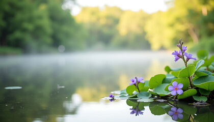 Wildflowers by Calm Lake at Sunrise