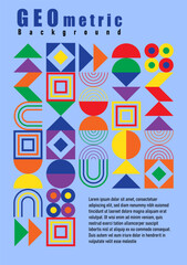 Abstract geometric patterns in various colors and shapes have empty spaces at the top and bottom right for placing text on a blue background.