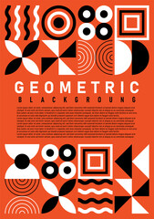 Abstract geometric shapes in white and black are placed at the top and bottom, with a space in the middle for text on an orange background.