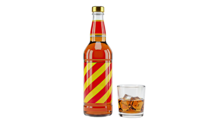 Bottle of amber liquid with striped label and glass of whiskey with ice