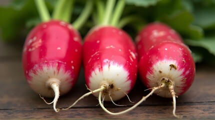 Several fresh red radishes on the table