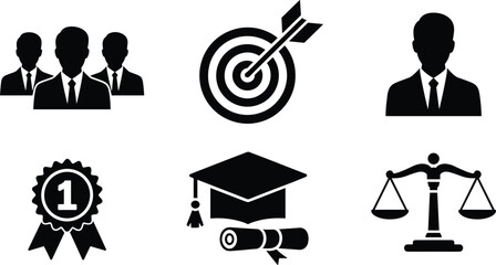 Set of black solid business icons featuring a target, award ribbon, graduation cap, and justice scales